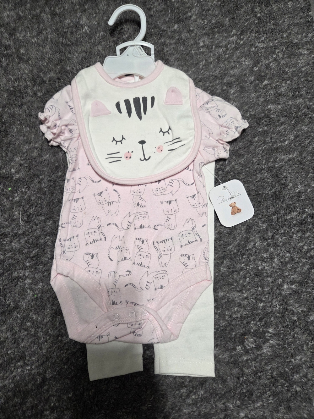 Rene Rofe Pink Kitten Print Bodysuit Set with Cream Bib and White Leggings